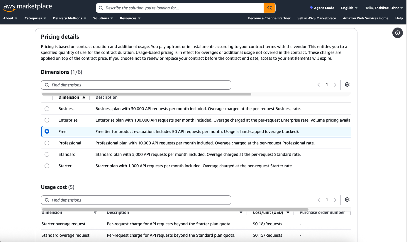 AWS Marketplace 料金プラン選択画面